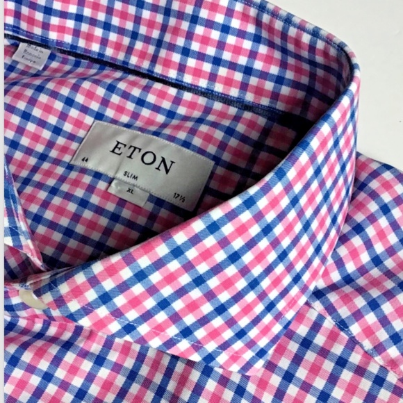 ETON Slim, pinkish red & blue checkered dressy cotton shirt Sz 17.5 /44 - Picture 1 of 10